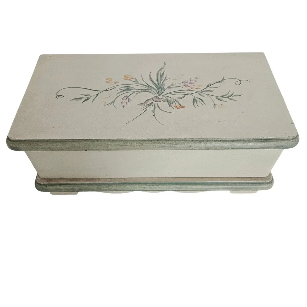 Vintage Floral Wood Jewelry Box Cream Green Hand Painted Mirror Removable Tray